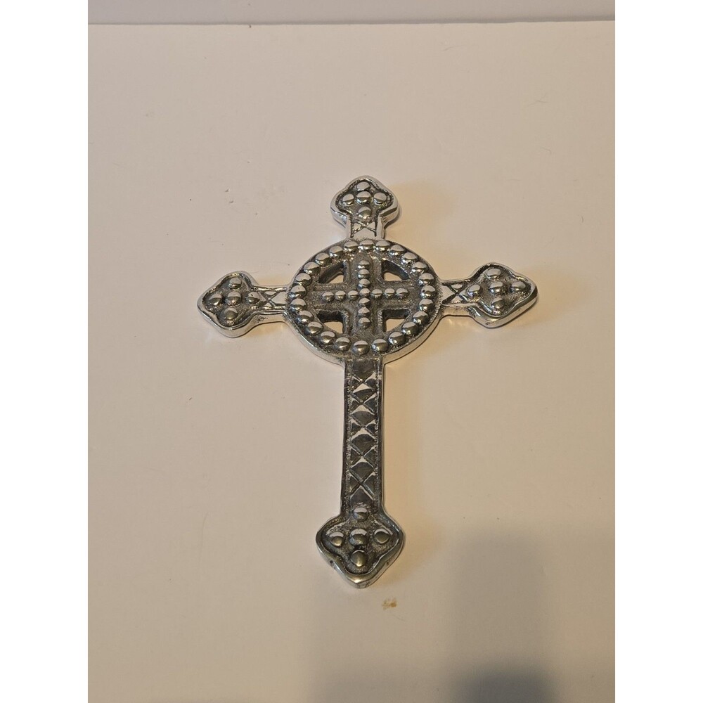 Vintage Metal Cross Wall Hanging Christian Decor Jesus Silvertone 9" x 7"